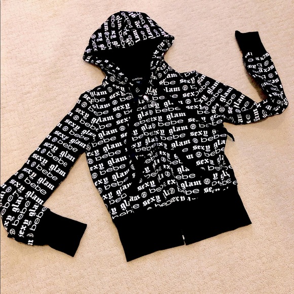 bebe Tops - BEBE Black & White Classic Monogram Logo Hoodie Jacket size S